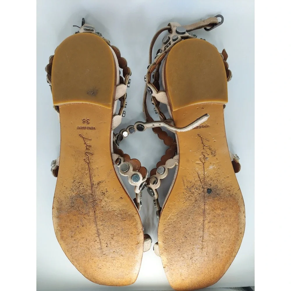 Lola Cruz Studded Leather Gladiator Sandals Beige Tan Square Toe Flat Shoes‎ 36